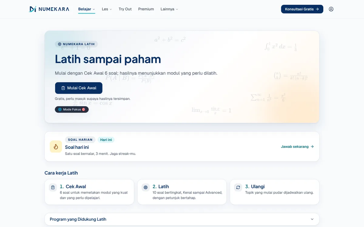 Halaman Latih sampai paham di Numekara dengan tombol Mulai Cek Awal