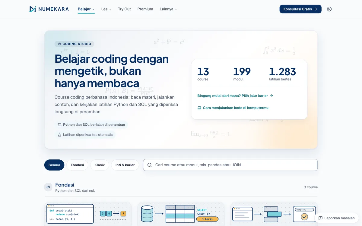 Katalog Coding Studio Numekara: 13 course, 199 modul, dan 1.283 latihan