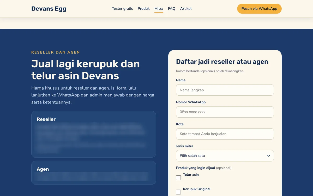 Bagian reseller dan agen Devans Egg dengan formulir pendaftaran mitra; harga mitra disamarkan