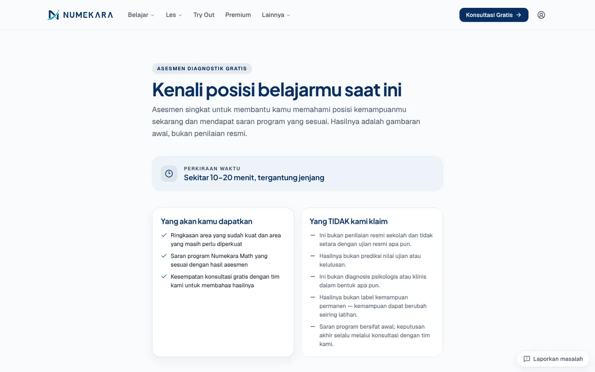Halaman asesmen diagnostik gratis Numekara beserta hal yang didapat dan yang tidak diklaim