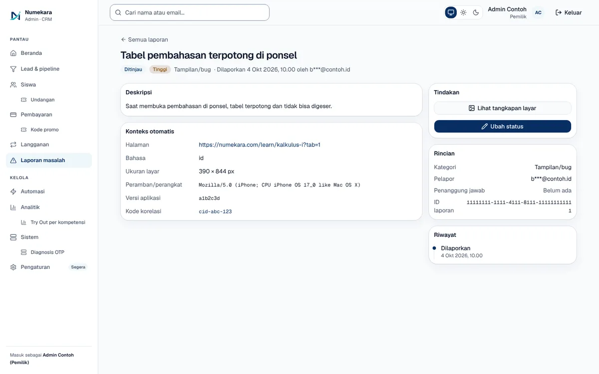 Detail laporan masalah di admin Numekara dengan konteks otomatis seperti halaman, perangkat, dan kode korelasi (data contoh)