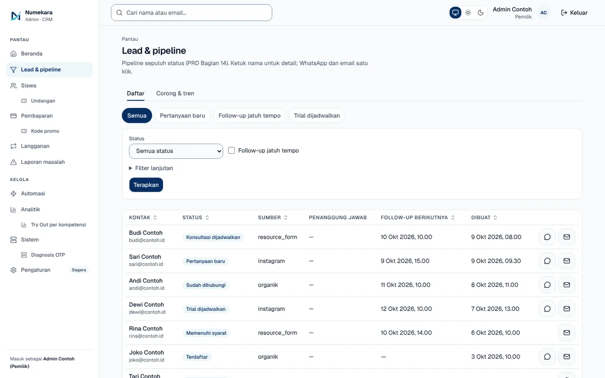 Daftar prospek di admin Numekara dengan filter, status, sumber, dan jadwal tindak lanjut (data contoh)