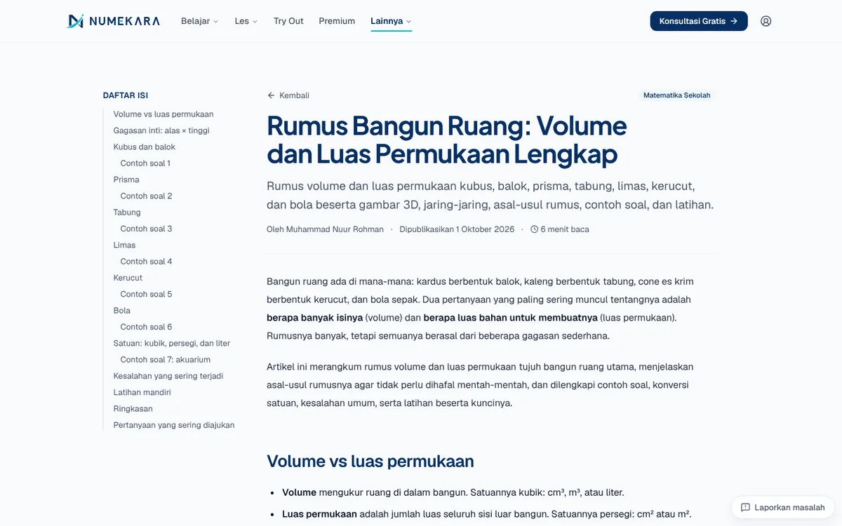 Artikel blog Numekara tentang volume dan luas permukaan bangun ruang dengan daftar isi