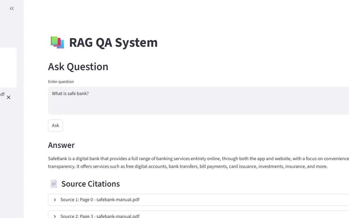 Antarmuka Streamlit RAG QA System menjawab pertanyaan dari manual PDF beserta sumber kutipannya