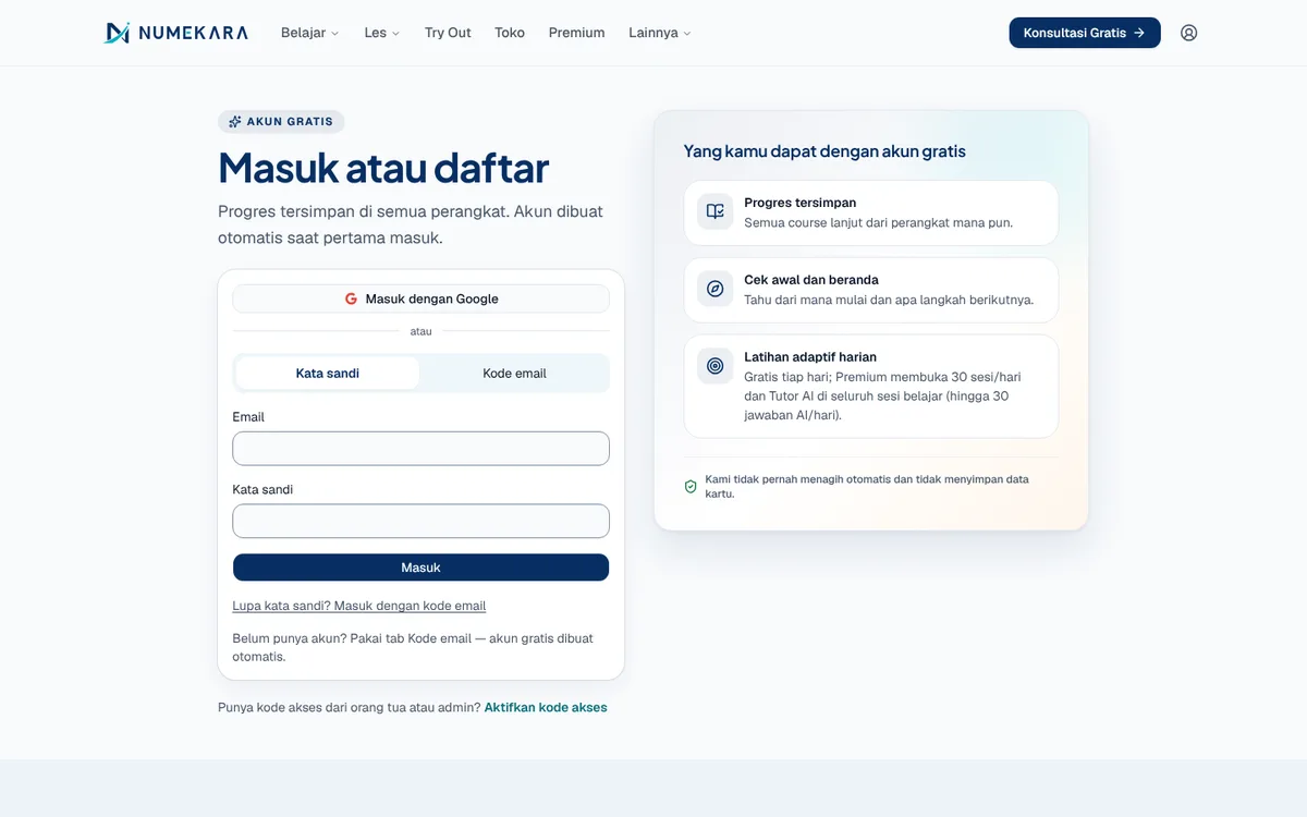 Halaman masuk Numekara dengan Google, kata sandi, dan kode email