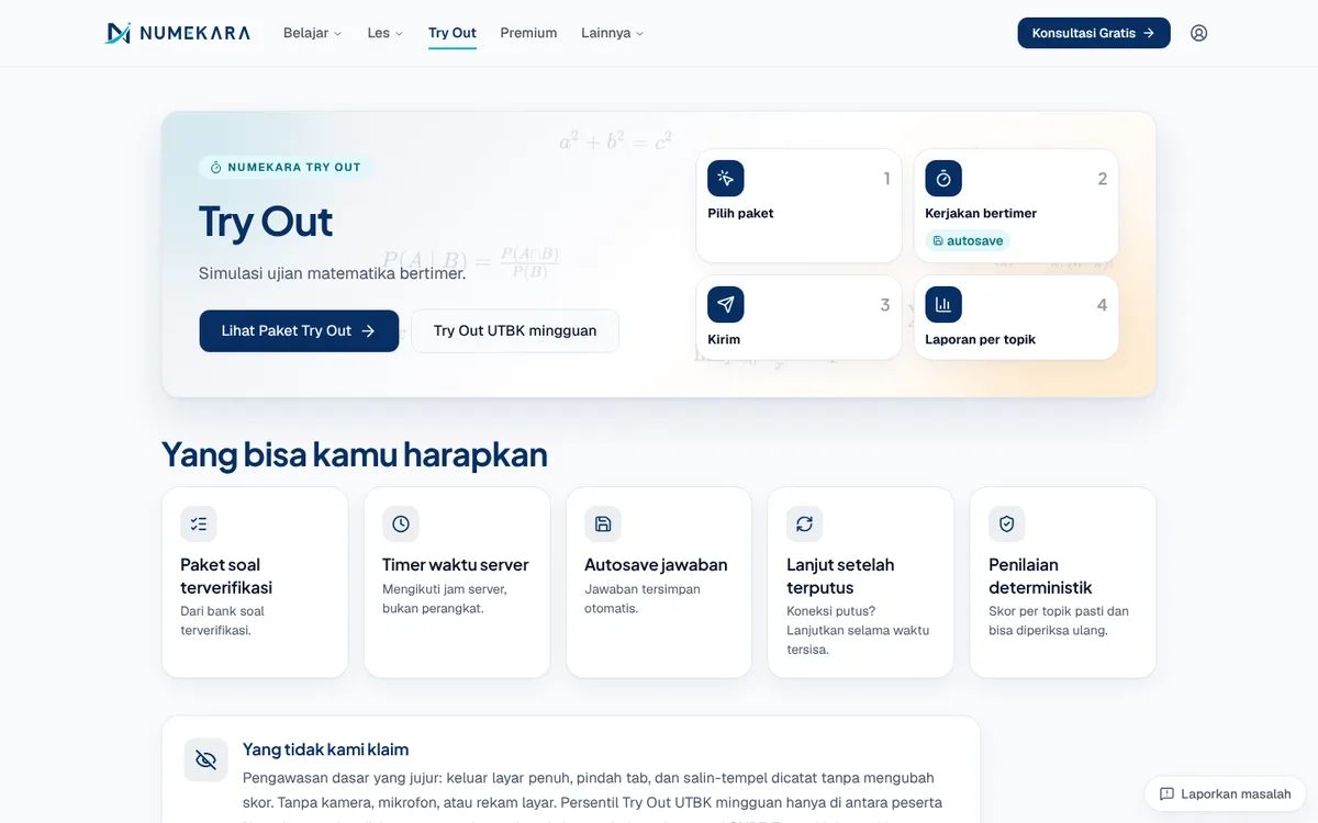 Halaman Try Out Numekara dengan alur pilih paket, kerjakan, kirim, dan laporan per topik
