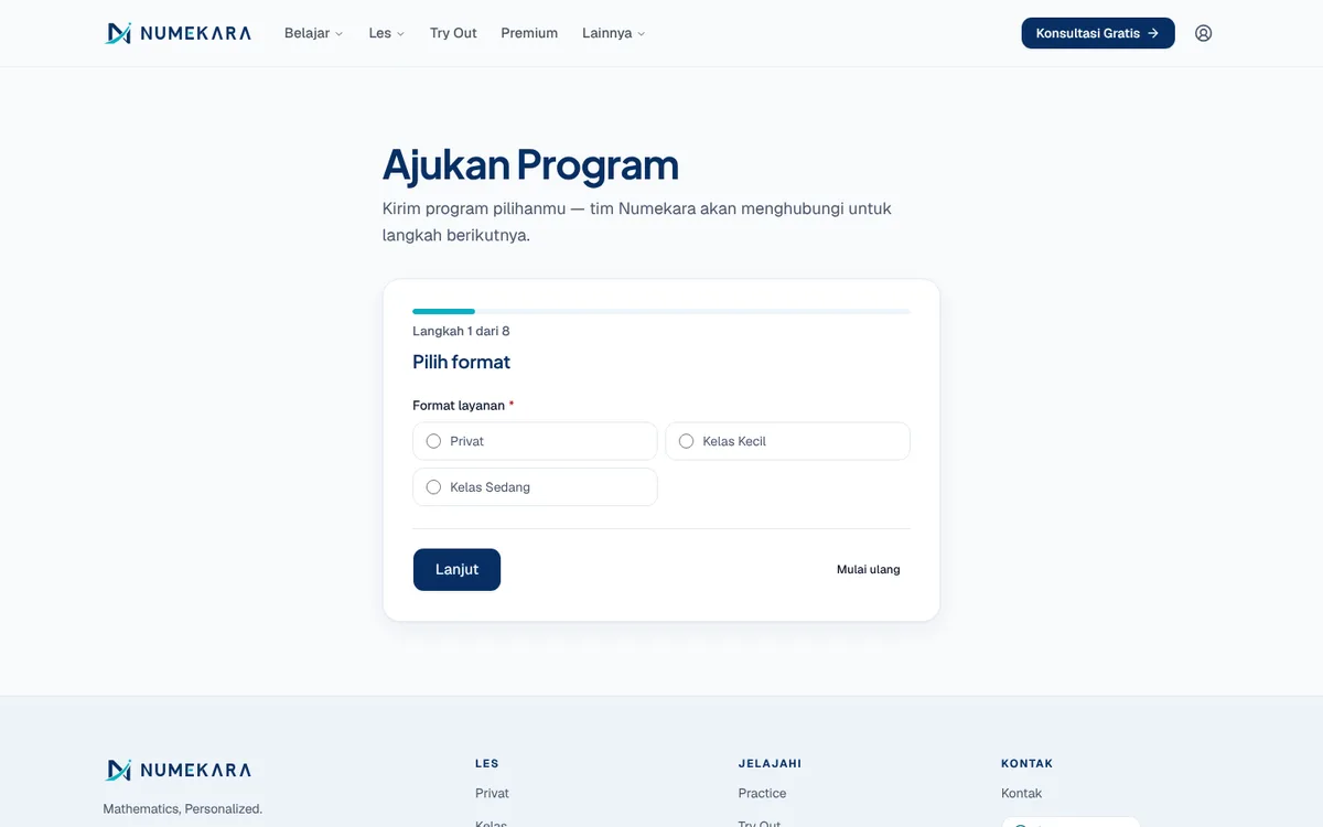 Formulir Ajukan Program Numekara pada langkah pertama dari delapan, memilih format les